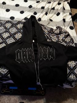 Black Zip-Up Hoodie with Rhinestone Lettering