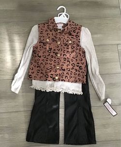 NWT~Little Lass~Girls Size 6~3 Piece Set~Denim Print Vest~Fancy Bows Top~Faux Leather Wide Pants