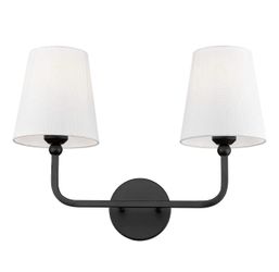 New 2-Light Bathroom Vanity Light Fixtures in Matte Black Finish, Modern Bedside Wall Sconces with Flared White Fabric Shade for Bathroom, Hallway, Li