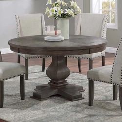 5pc Round Dining Table Set  - 54” Round Rustic Table + 4 Beige Linen Chairs