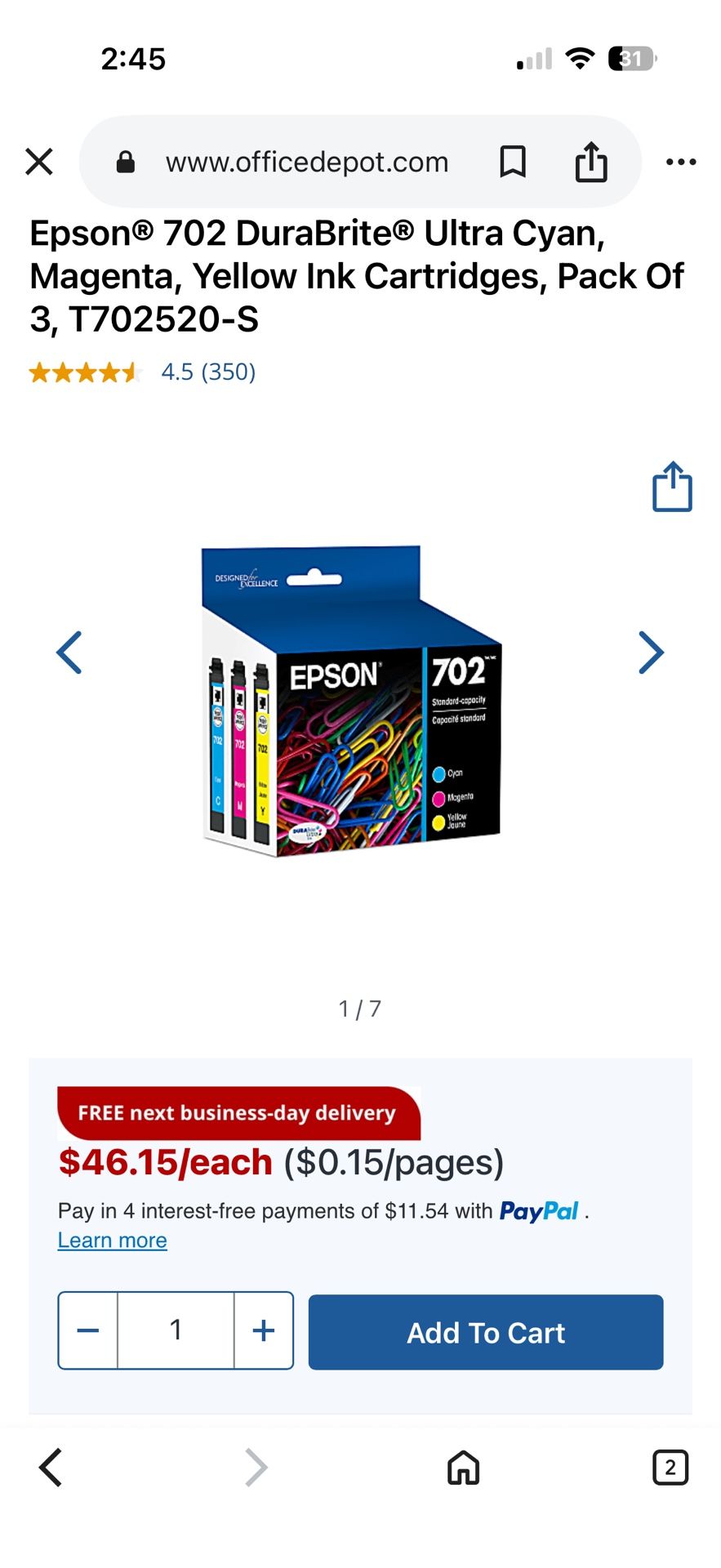 Epson® 702 DuraBrite® Ultra Cyan, Magenta, Yellow Ink Cartridges, Pack Of 3, T702520-S