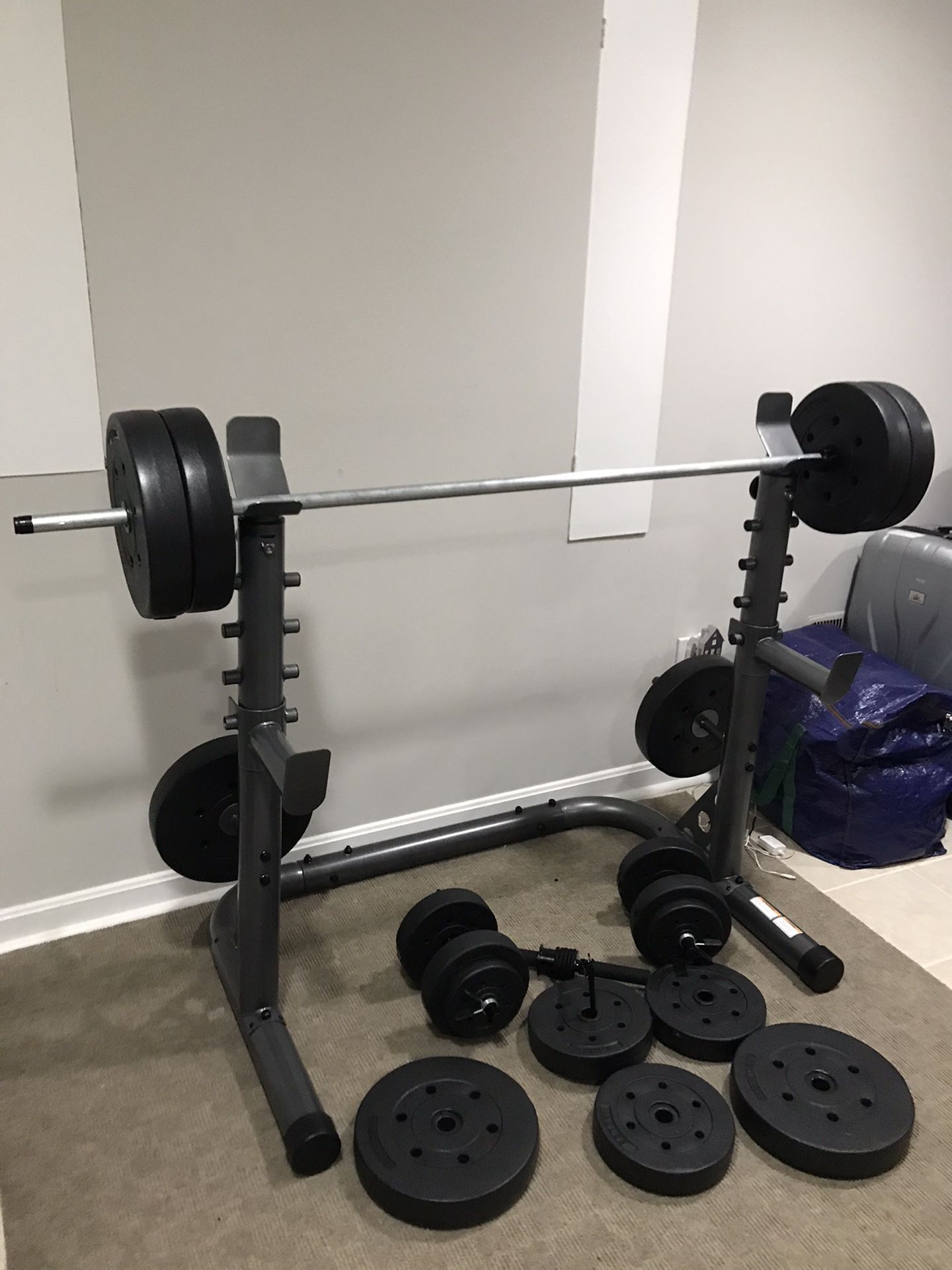 Squat Rack with Adjustable Safety Spotters Bar Holds new and 6ft barbell 230lbs weight plate