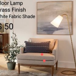 Brand New Floor Lamp Brass Finish White Fabric Shade