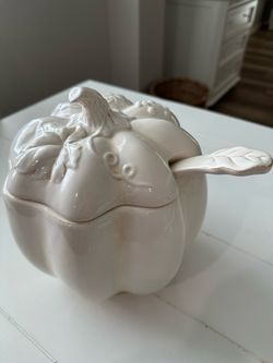 White Ceramic Pumpkin Soup Tureen with Ladle