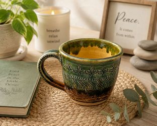 Green Brown Drip Glazed Ceramic Mug Carved Botanical Design Rustic Pottery Cup