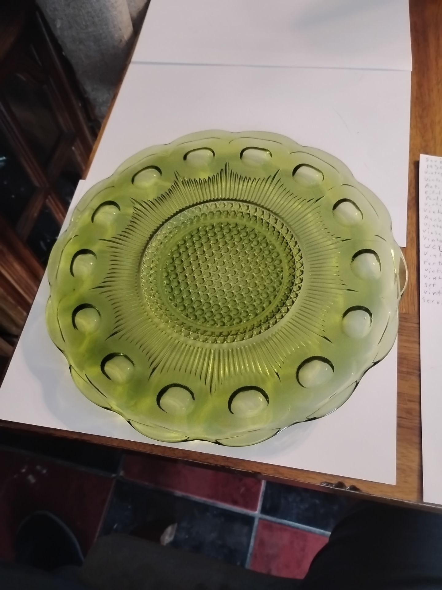 Vintage Bartlett Collins St. Genevieve Green Manhattan pattern round serving platter 11"