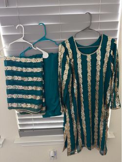 Teal green large size 3 pieces Chafoon dress