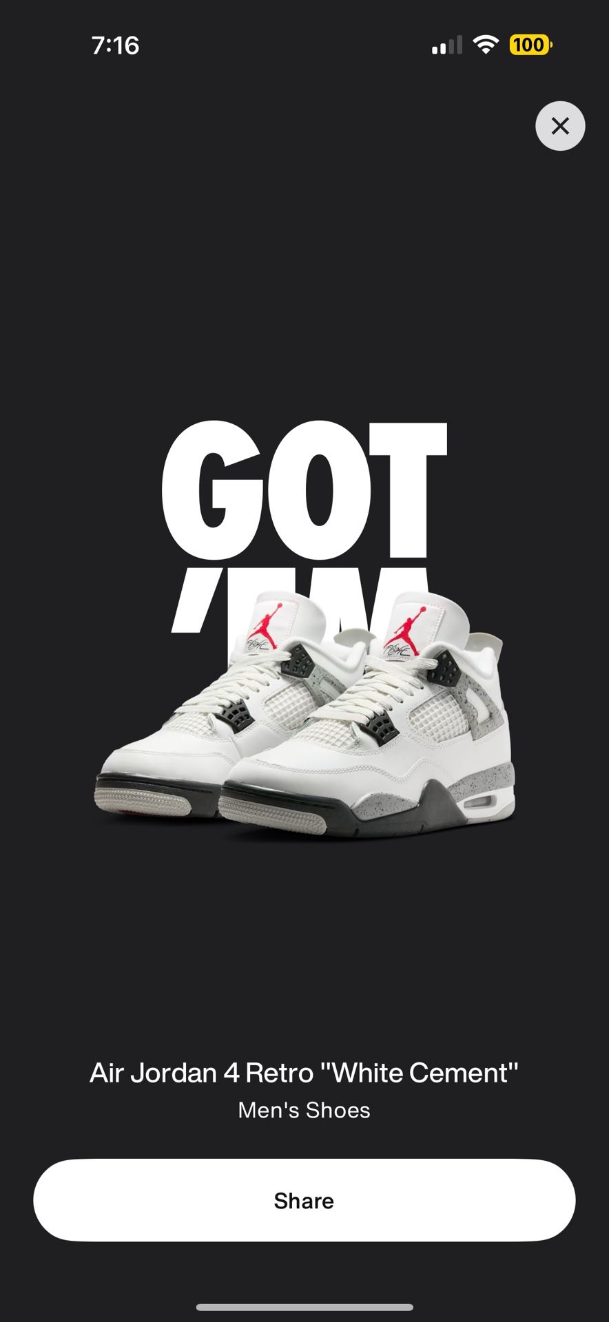Jordan 4 White Cement Men’s Size 11 DS