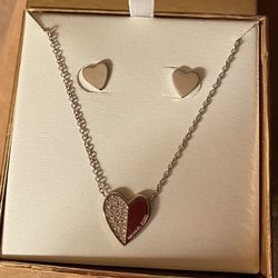 Michael Kors Silver Heart Necklace Earrings Set