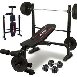 8 in 1 Olympic Weight Bench Set with Leg Extension/Curl and Preacher Curl, Bench Press Set and barbell Rack with Safety Bar Catches, Foldable Workout 