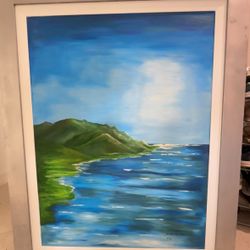 Large Original Ocean Sunset Painting – Framed Wall Art (47”H x 59”W)