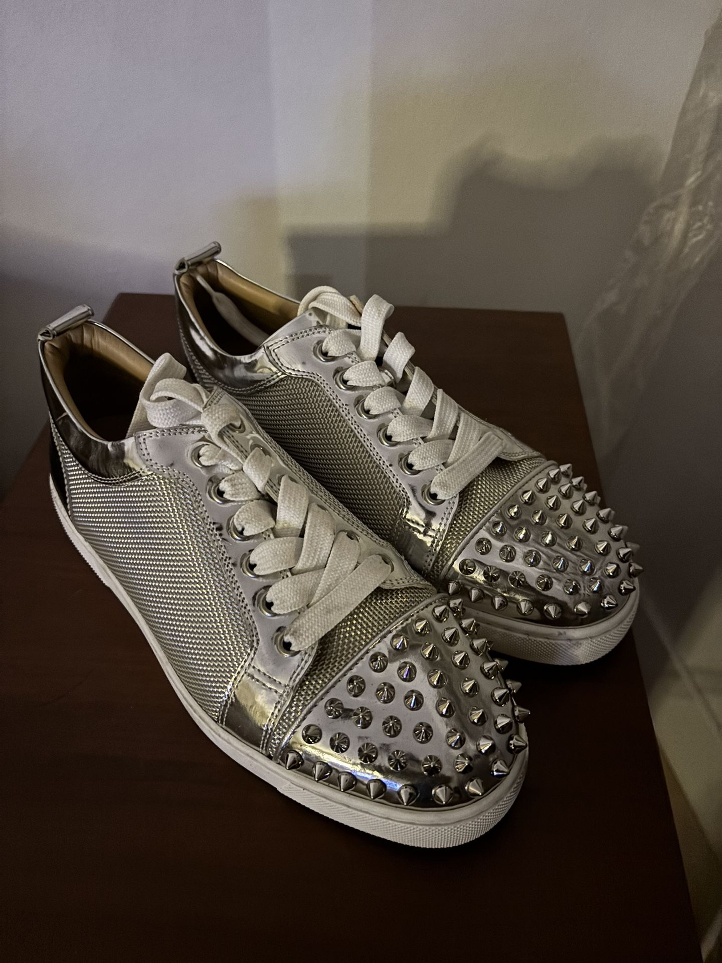 Authentic Christian Louboutin Silver Spiked Low-Top Sneakers - Women's US 8