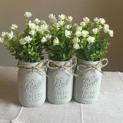 Chalk Painted & Distressed Mason Jar Vases 3 For $18