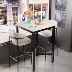 Stone Bar Table: White Square High Top Pub Tables with Black Metal Frame - Small Breakfast Dining Table - Tall Coffee Table with Cross -Legs, 27.56x27