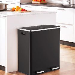 60L(16 Gal) Dual Trash Can, Stainless Steel Kitchen Garbage Can, Double Compartment Classified Rubbish Bin, Recycle Dustbin w/Plastic Inner Buckets, S