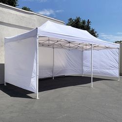 (NEW) $240 Heavy Duty 10x20 FT Canopy (with 4 Sidewalls) Ez Pop Up Outdoor Party Tent w/ Carry Bag (White/Blue) 