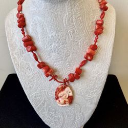 Beaded Burn't Orange Necklace w/ Bighorn Sheep Pendant 