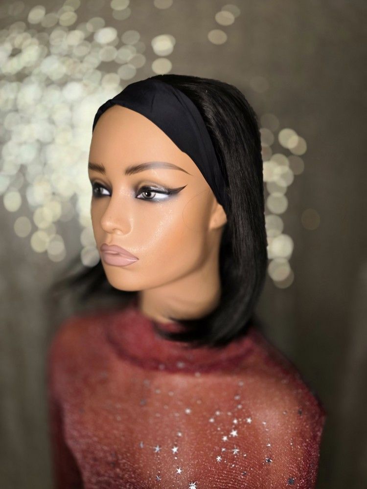 12"Bob Human Hair Wig Headband Natural Black New