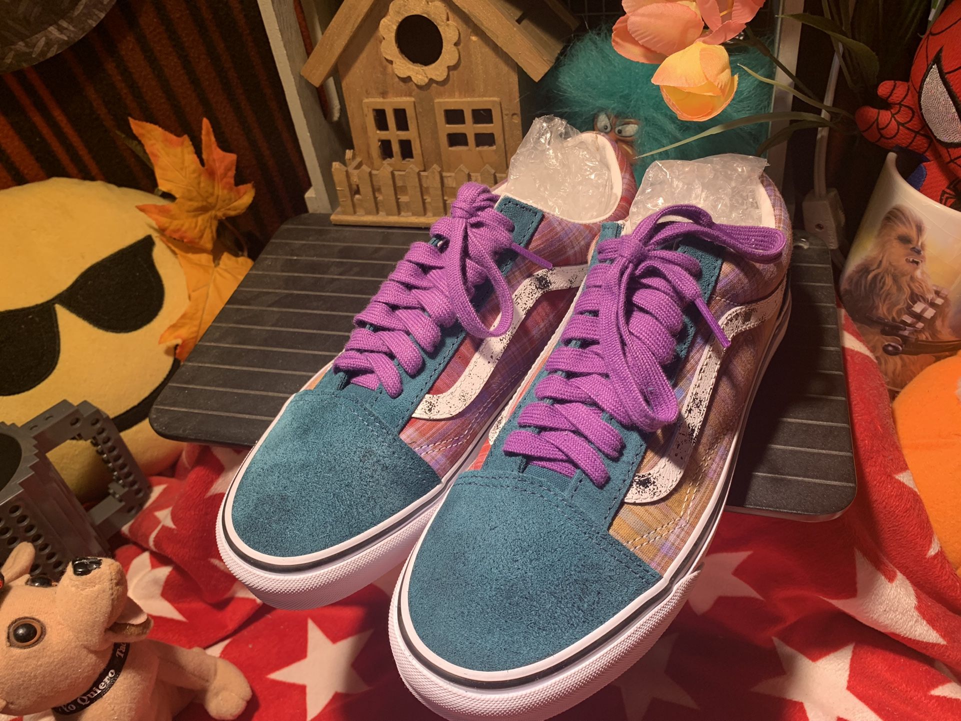 Women’s Size 8.5 VANS Old Skool Shoes Turquoise Suede & Plaid Trim. Beautiful Shoes