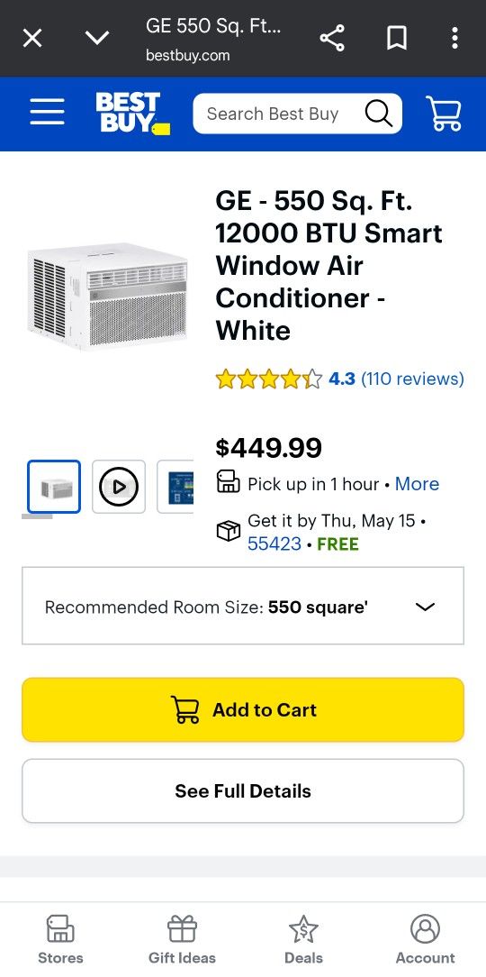 8,000 BTU Doe 115-Volts Window Air Conditioner Cools 350 sq. ft. with Remote in WhiteGE - 550 Sq. Ft. 12000 BTU Smart Window Air Conditioner - White