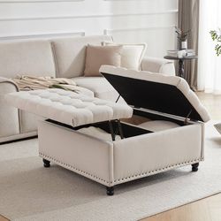 E-Large Square Storage Ottoman Bench, Tufted Upholstered Coffee Table with Lift Top & Solid Wood Legs, Oversized Storage Ottomans Toy Box for Living R