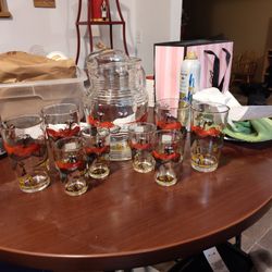 Pheasant Hunter Pitcher And Glasses set, Vintage Hazel Atlas Drink ware