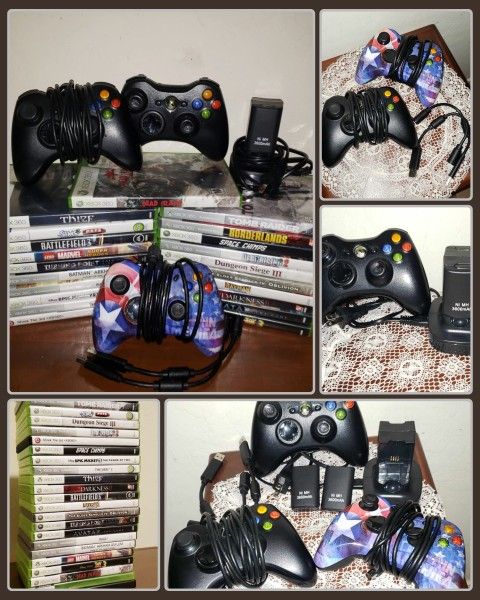 X20 XBOX 360 VIDEO GAME CD DISC LOT X3 XBOX 360 WIRED & WIRELESS CONTROLLERS X2 RECHARGEABLE BATTERIES WITH CHARGING DOCK PORT