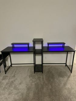 Two Person Carbon Fiber Black Desk with LED Lights