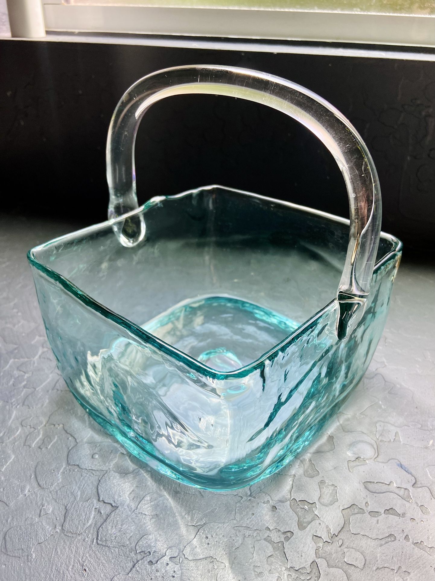 Blenko Teal Green Glass Square Basket with Clear Applied Handle Vintage