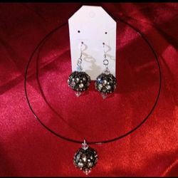 BLACK METAL PAVE FANCY BALL NECKLACE SET" NEW"
