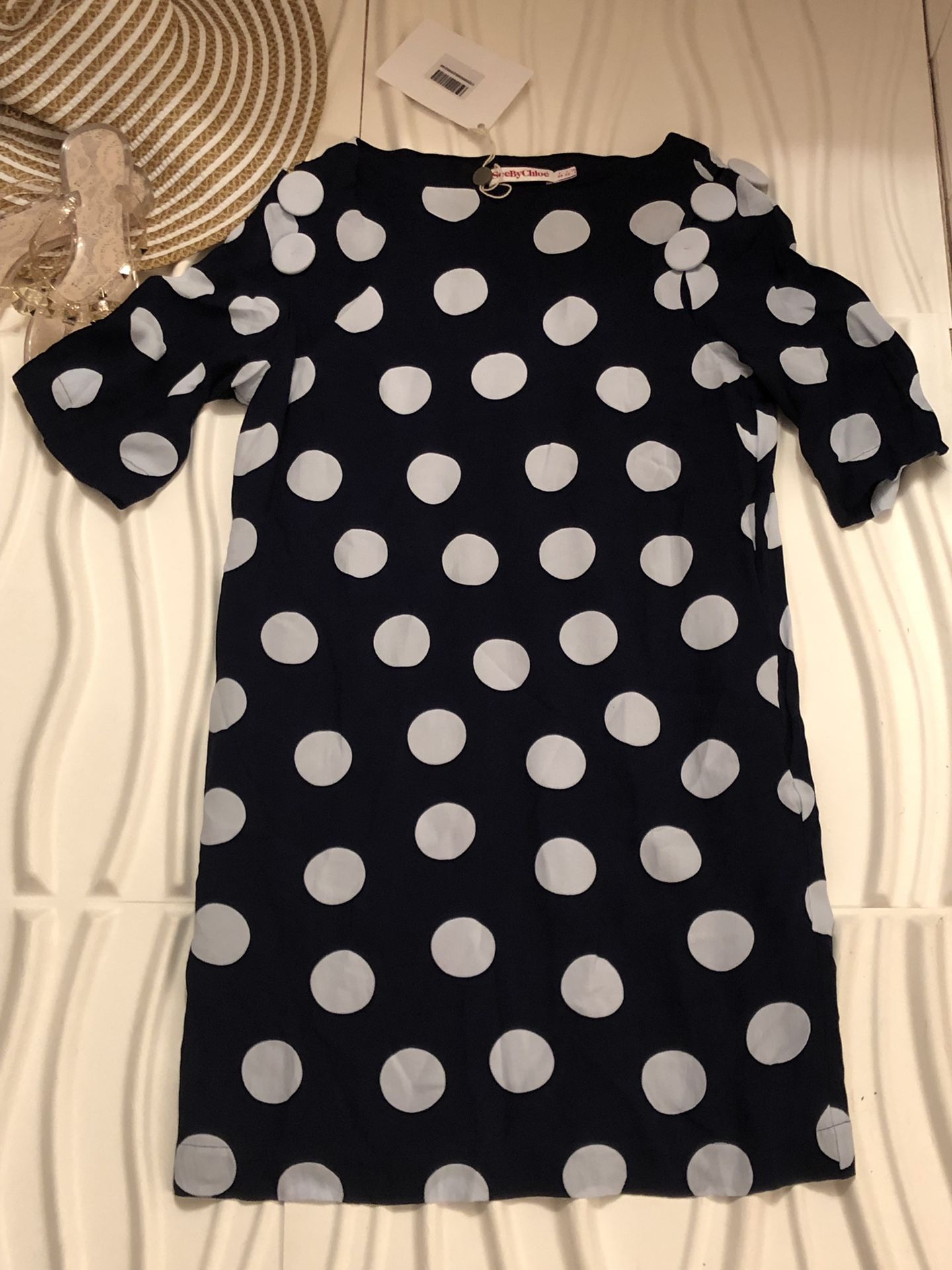 Designer New Dress Blue with White Polla Dot, shoulders opened with Big White Buttons, Very Sexy Size 6 $60