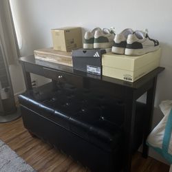 Wooden Desk + Black chaise For Storage 