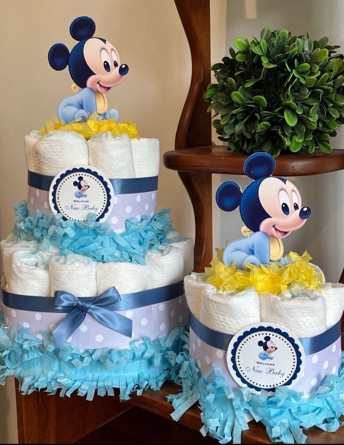 2 Blue Baby Shower Diaper Cakes with mouse Topper