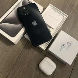 UNLOCKED like New (94% Battery Health) 128gb iPhone 13 New Box+accessories Case, Screen Protector AirPod 4s With ANC New In Box