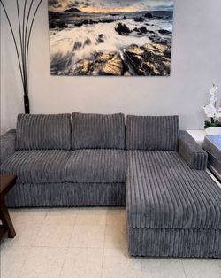 Brand New Grey Fur Like Corduroy Sectional Sofa Couch (New In Box)