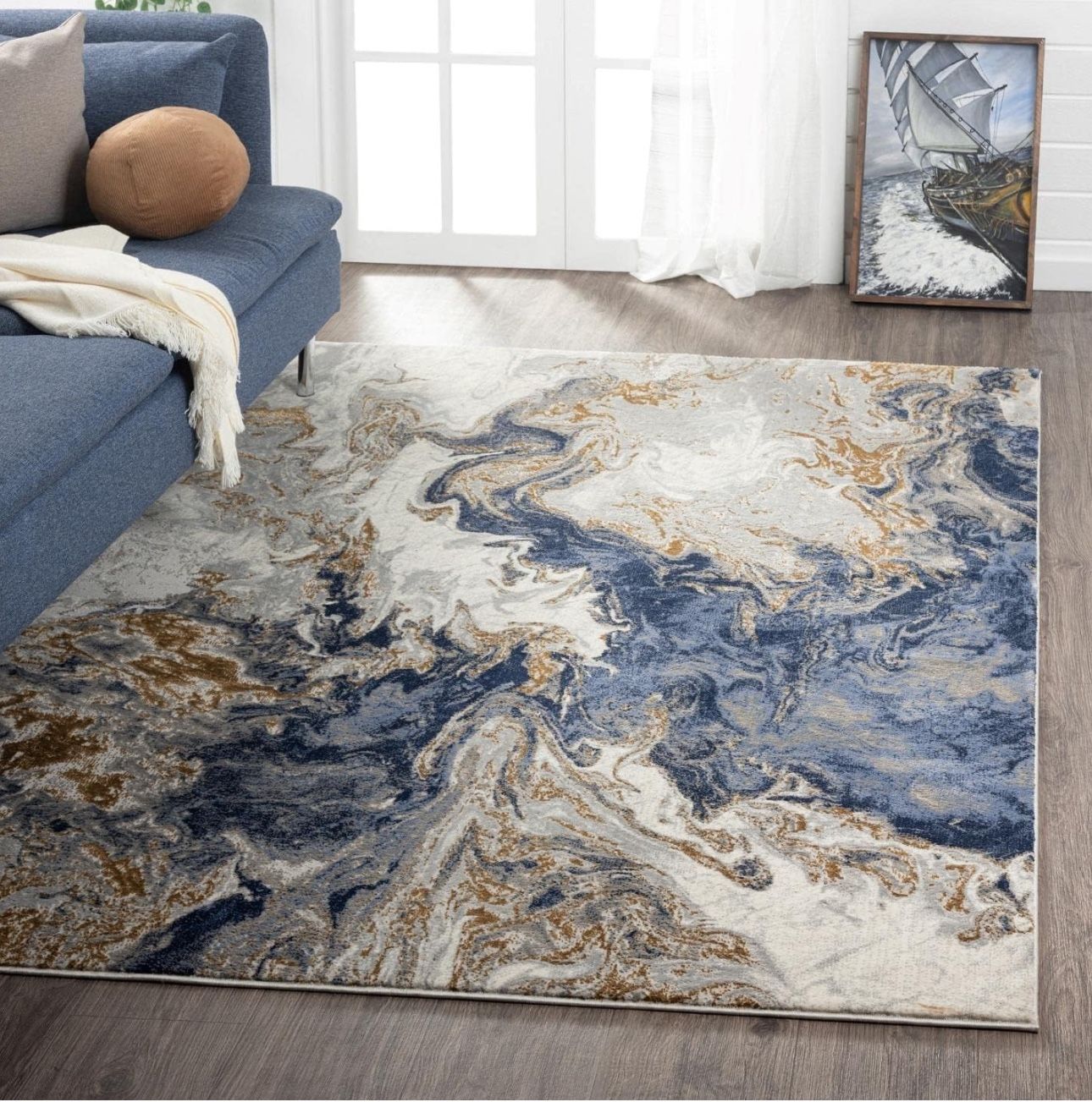 Luxe Weavers Marble Collection Blue Area Rug 8x10 Modern Abstract Swirl Design High Quality Non-Shedding Carpet