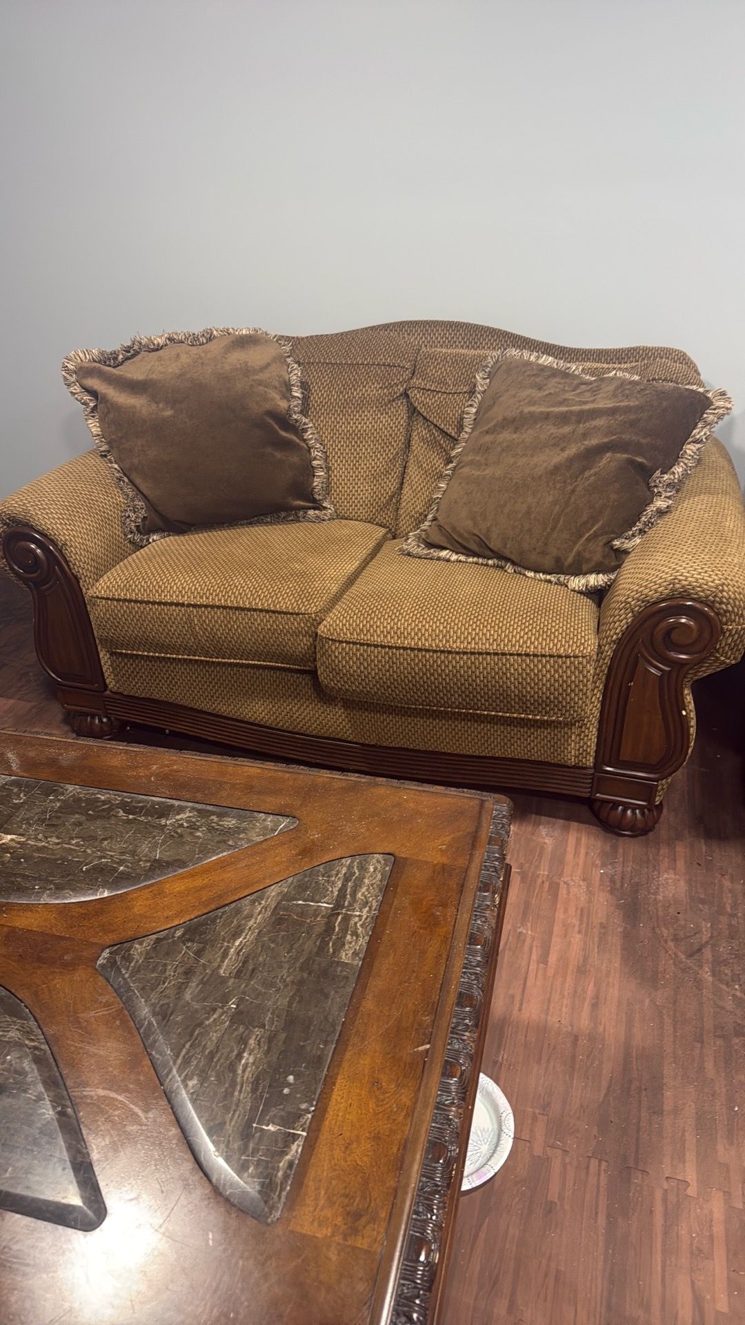 Coffee granite table 2 chairs and love seat