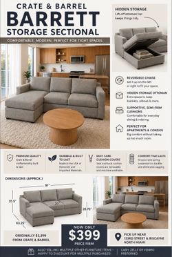 Crate & Barrel Storage Sectional – Reversible Chaise – $2,399 Retail