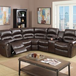Brand New Brown Leather Reclining Sectional Sofa 