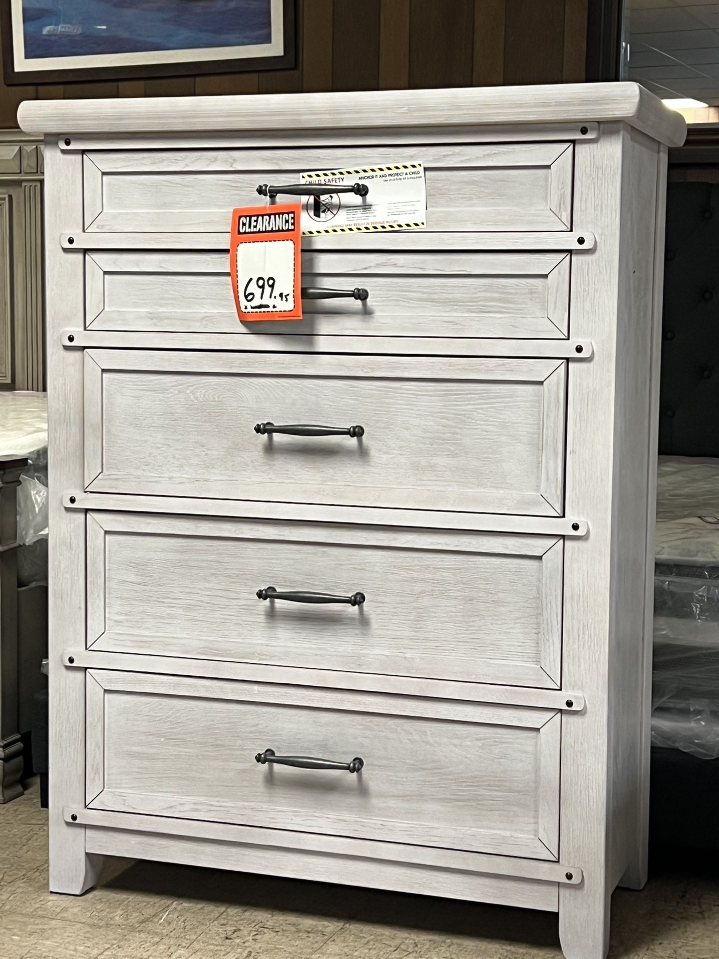 Closing out white wash chest for 699 brand new