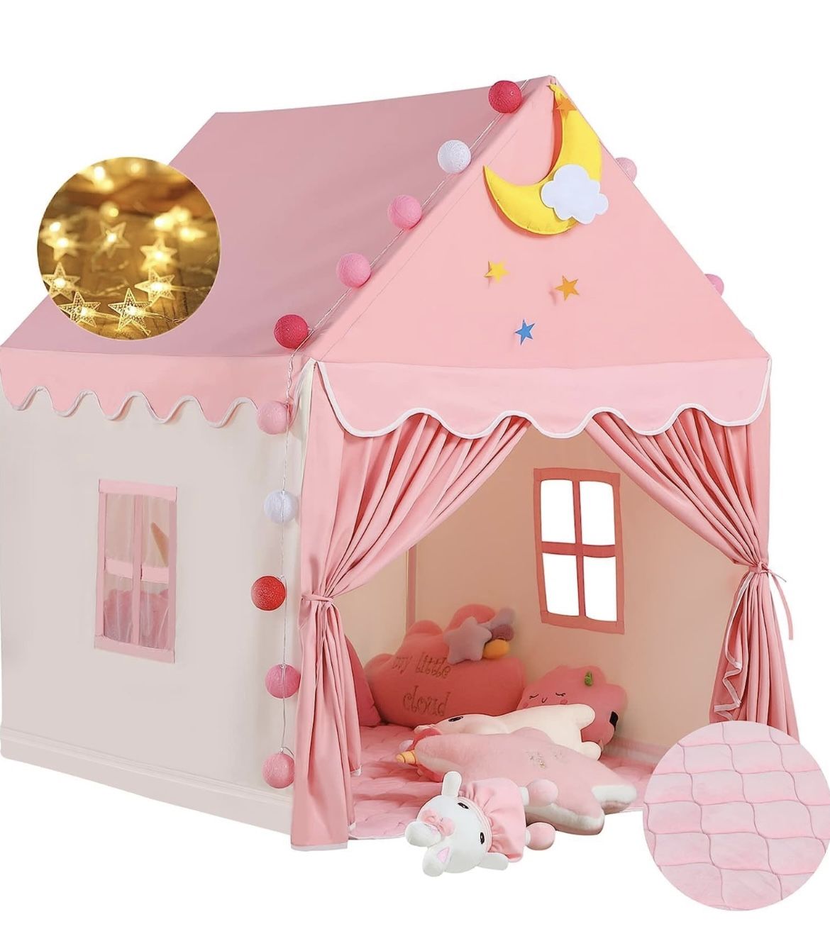 Wilwolfer Kid Tent with Padded Mat, Star Lights - Pink & Yellow 47x41x51