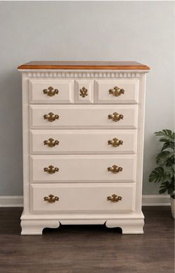 White Painted Tall Dresser with Wood Top