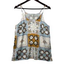 Joie Anthropologie Women's Floral Blue Gold Wht Sleeveless Strappy Slits Top -M-