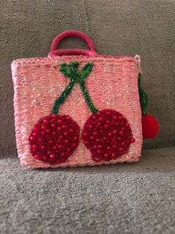 Pink Straw Handbag with Beaded Cherry Design