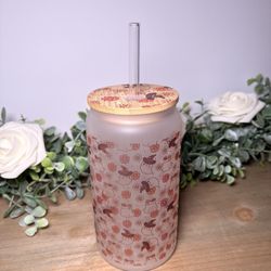Cute Ghost Frosted Glass Cup | 16oz Halloween Aesthetic Can Glass | Pink Orange Floral Ghost Cup | Spooky Cute Drinkware
