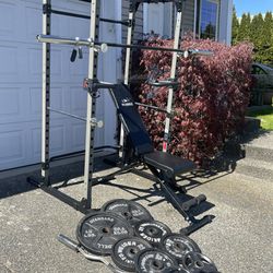 squat rack,bench,weights