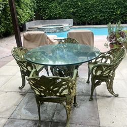 Vintage Metal And Glass Top Outdoor Dining Table Set 