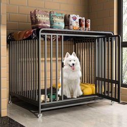 48Inch Heavy Duty Dog Crate Cage Kennel with Wheels, High Anxiety Indestructible Dog Crate, Sturdy L