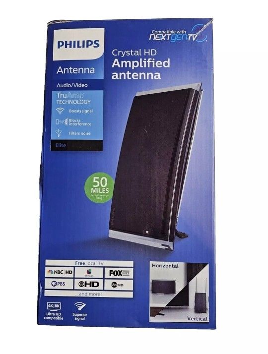 Philips Crystal HD Indoor Amplified TV Antenna with 6' Coaxial Cable – Black