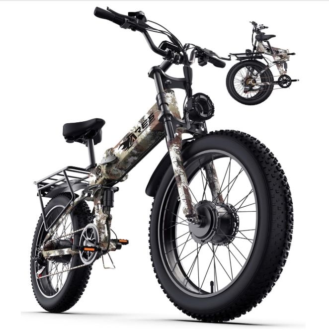 Dual Motor Folding Electric Bike Adults 3000W Peak | 52V 20AH (1040WH) Removable Battery | 24" Fat Tire Mountain Ebike | Adjustable Seat & Suspension 